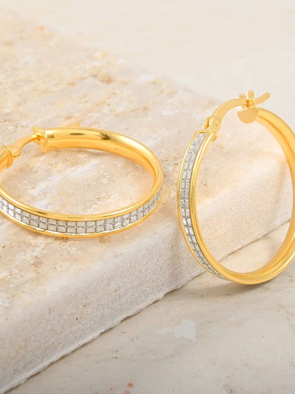 Grid Hoop Earrings in 14K Yellow Gold Ov/Sterling Silver 3 Grams - NEW - 1 in L